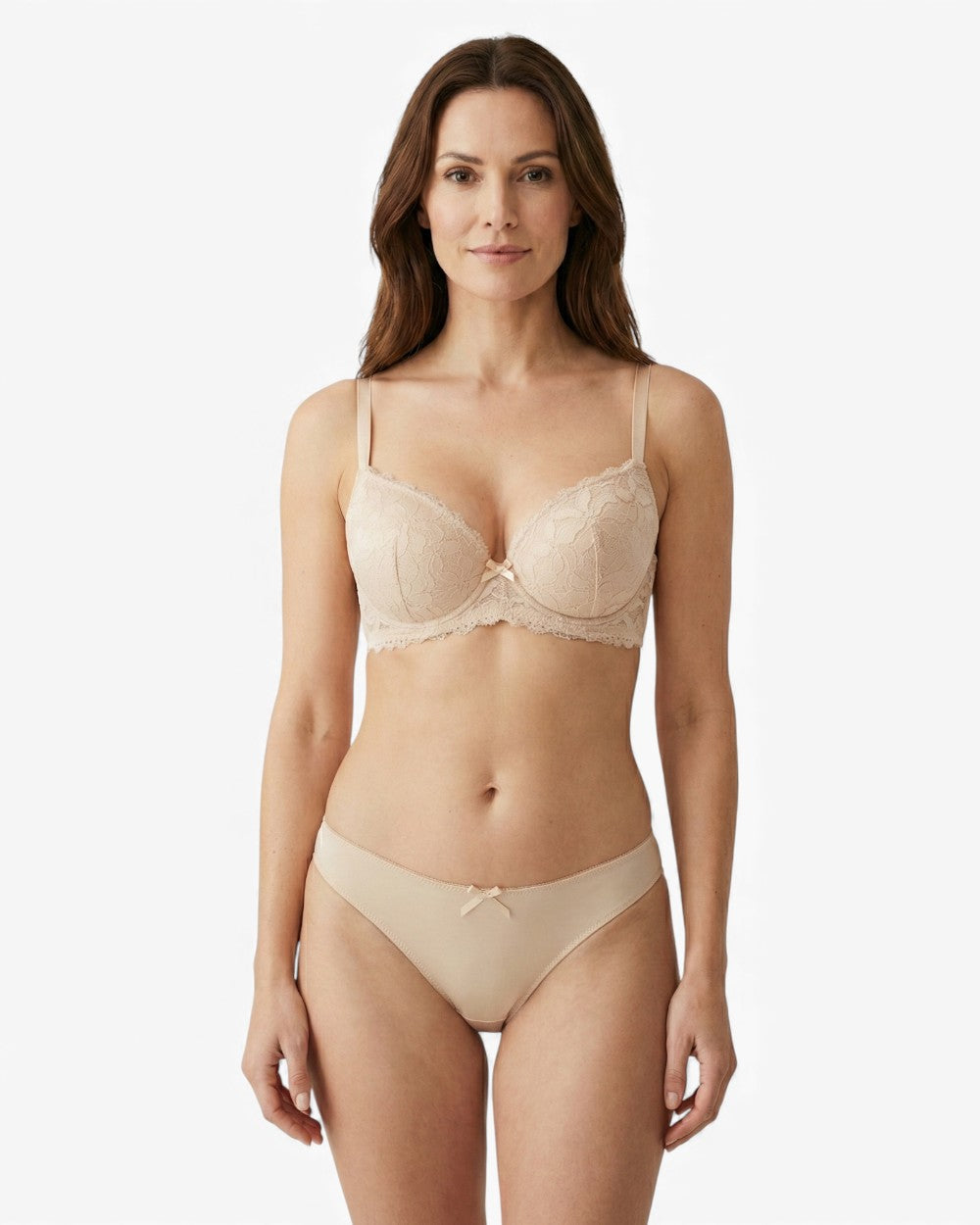 Lace lingerie set with subtle push-up underwire bra and thong