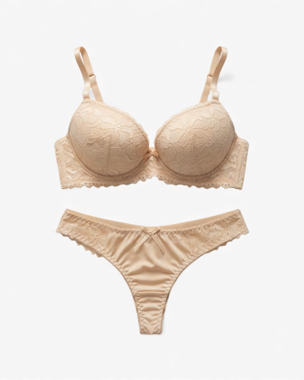 Lace lingerie set with subtle push-up underwire bra and thong