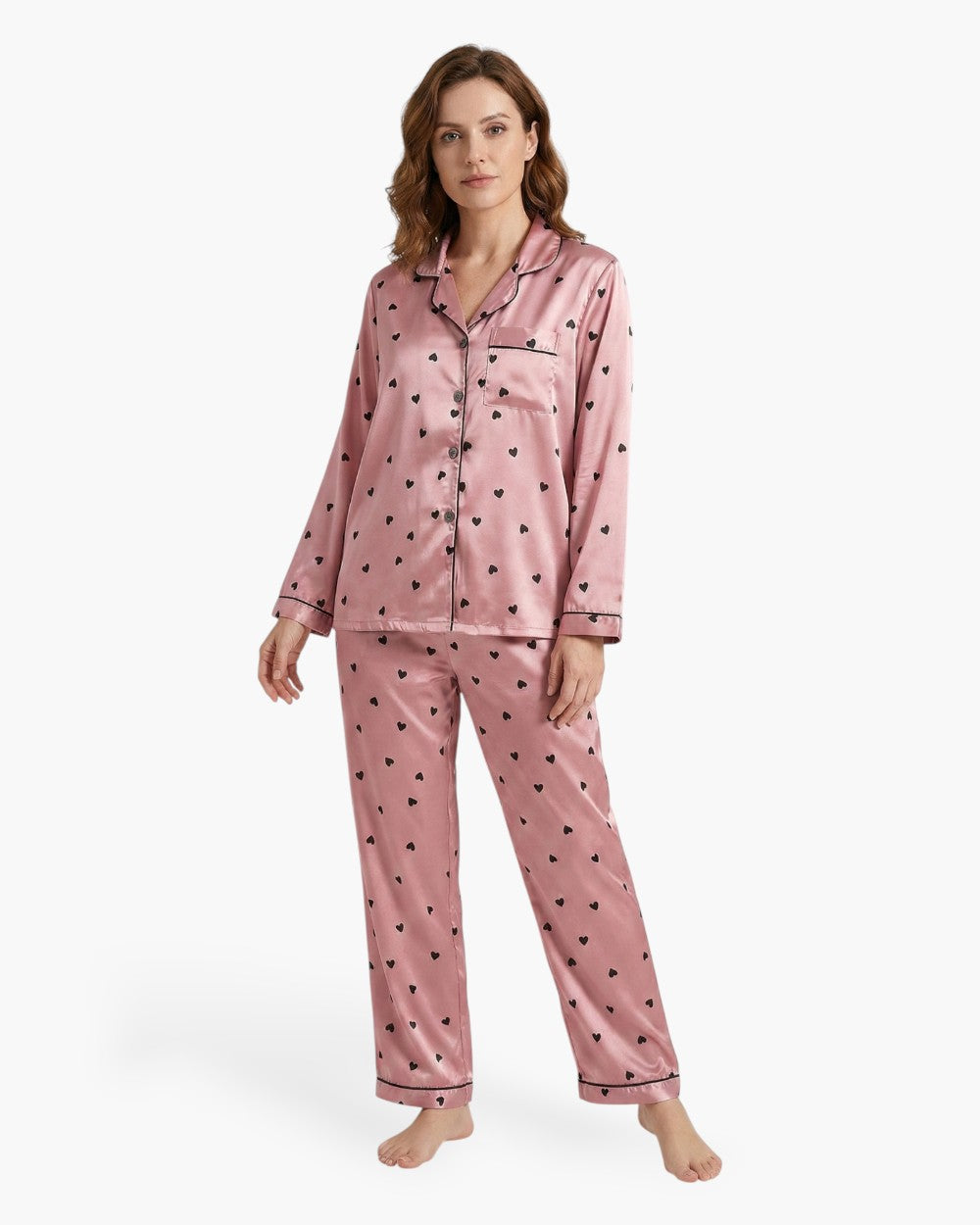 Satin Long Sleeve Heart Print Pyjama Set