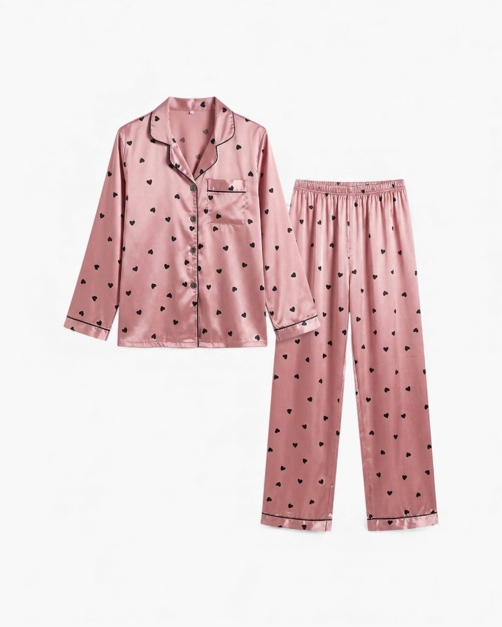 Satin Long Sleeve Heart Print Pyjama Set